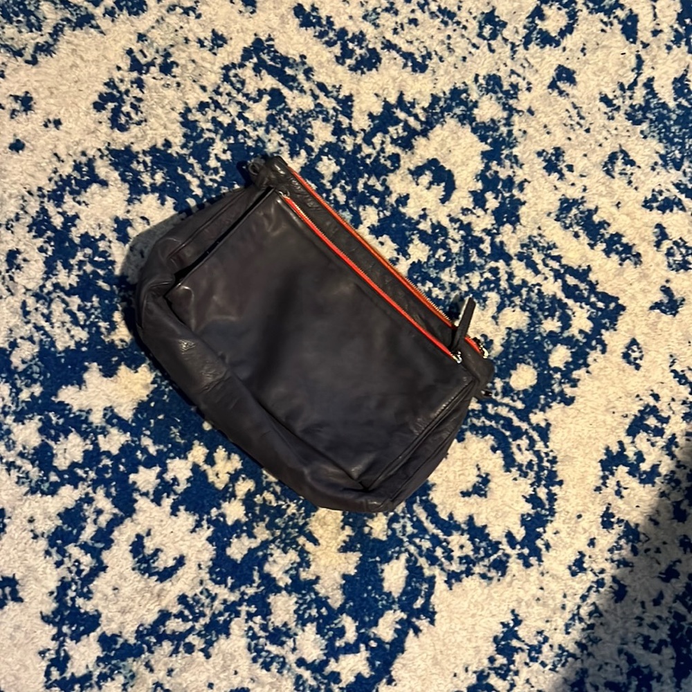 Clare V gosee crossbody bag in Navy Blue with red stitching